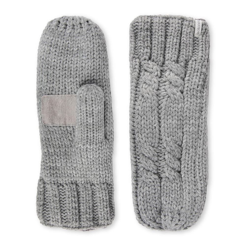 Isotoner Womens Mittens One Size Heather Grey Cable Knit Warm Cozy Winter